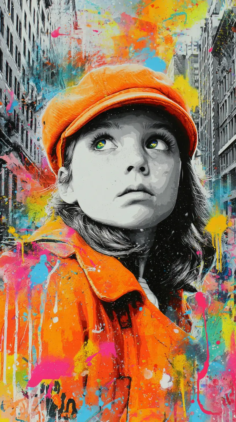 Thoughtful girl in orange cap on graffiti city street