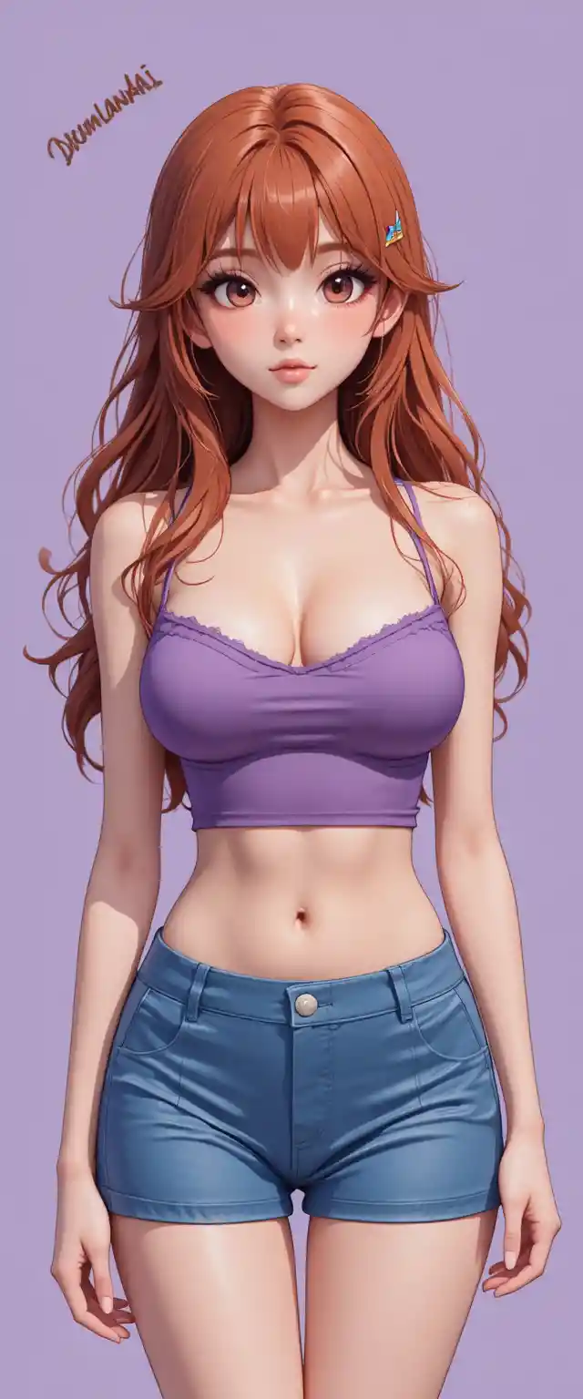 Ragazza anime con capelli castano ramato in top viola e gonna blu