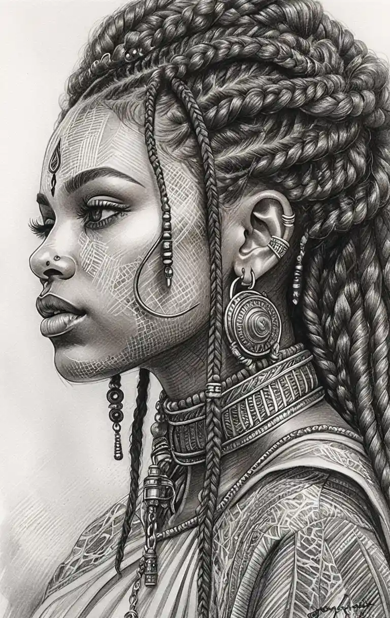Graphite profile portrait of a young Black warrior woman