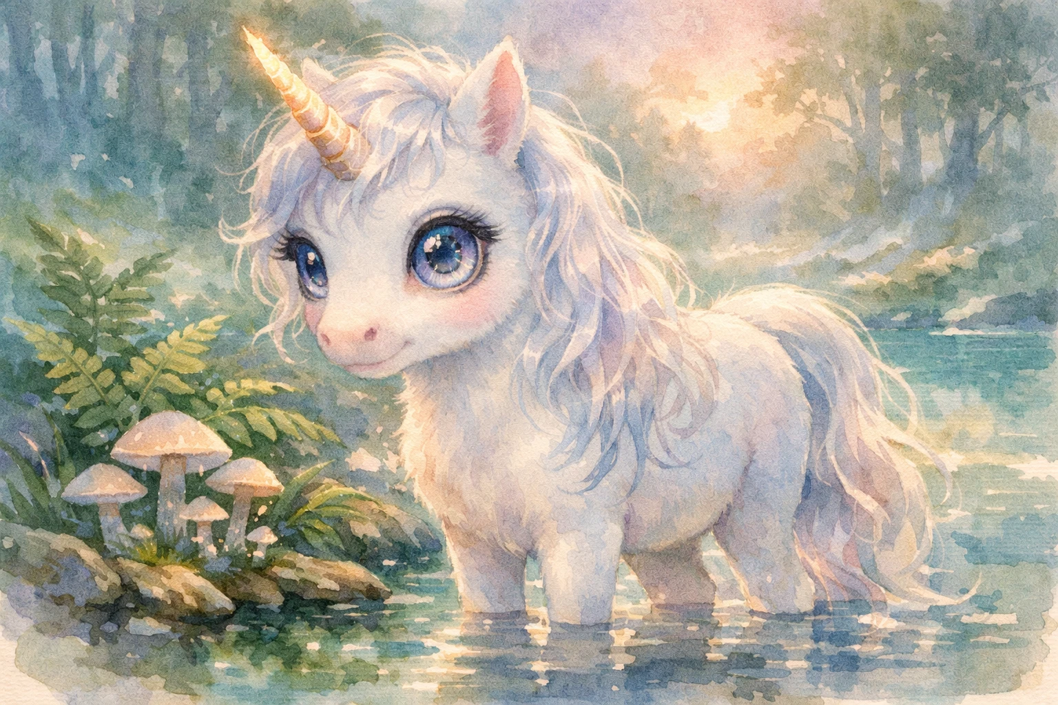 Baby-Einhorn an einer Waldquelle im sanften Morgenlicht