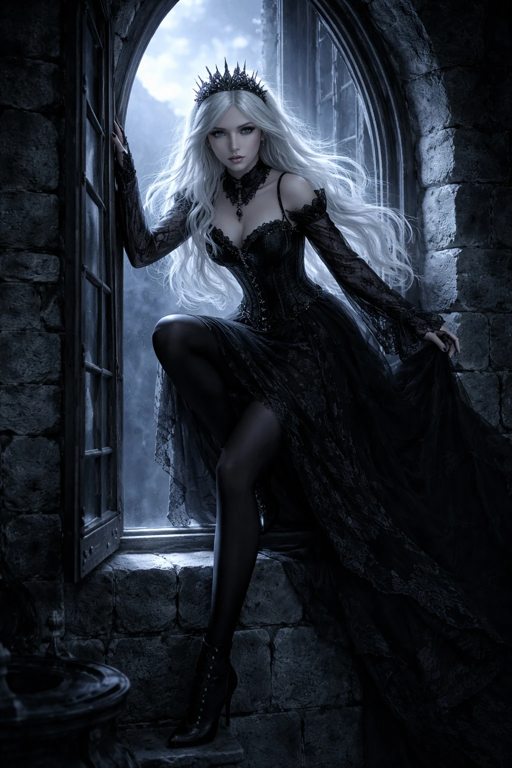 Gothic princess climbing through a moonlit castle window