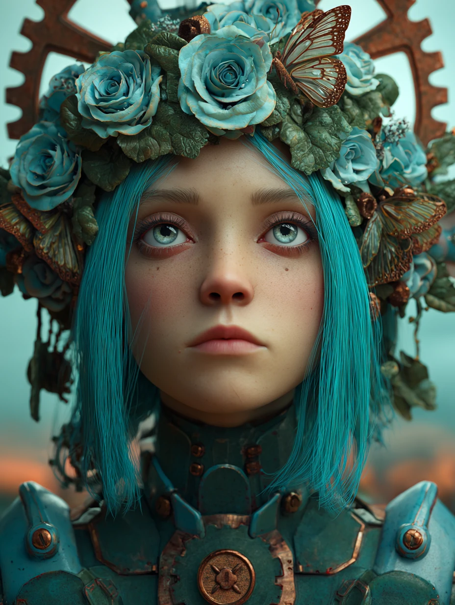Melancholic Cyberpunk Woman With Ornate Floral Mechanical Crown