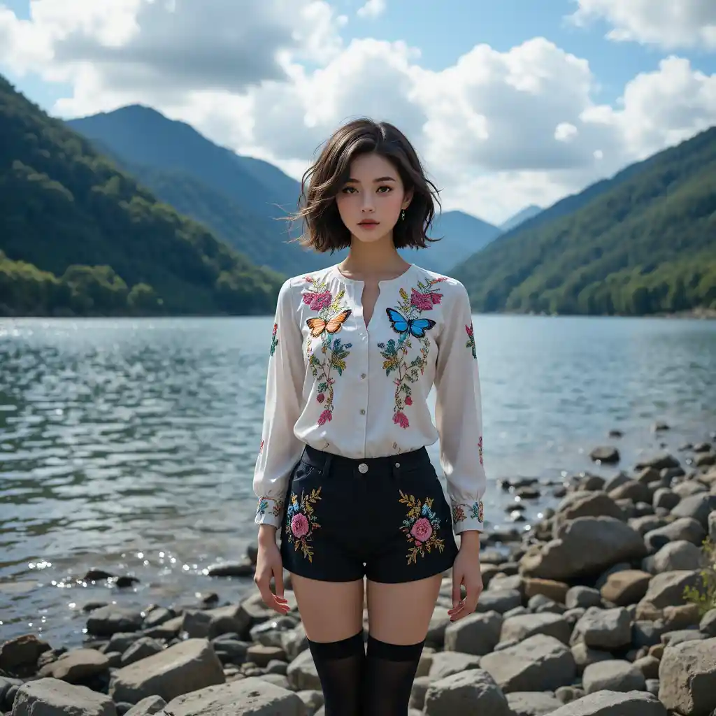 岩石湖畔與青綠群山前的年輕女子