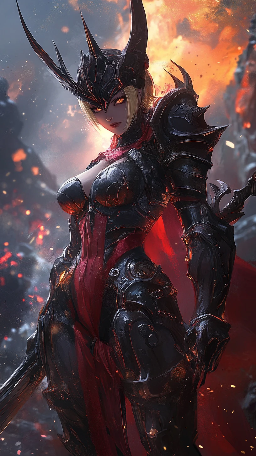 Guerrera de anime con cicatrices, tatuajes y armadura roja