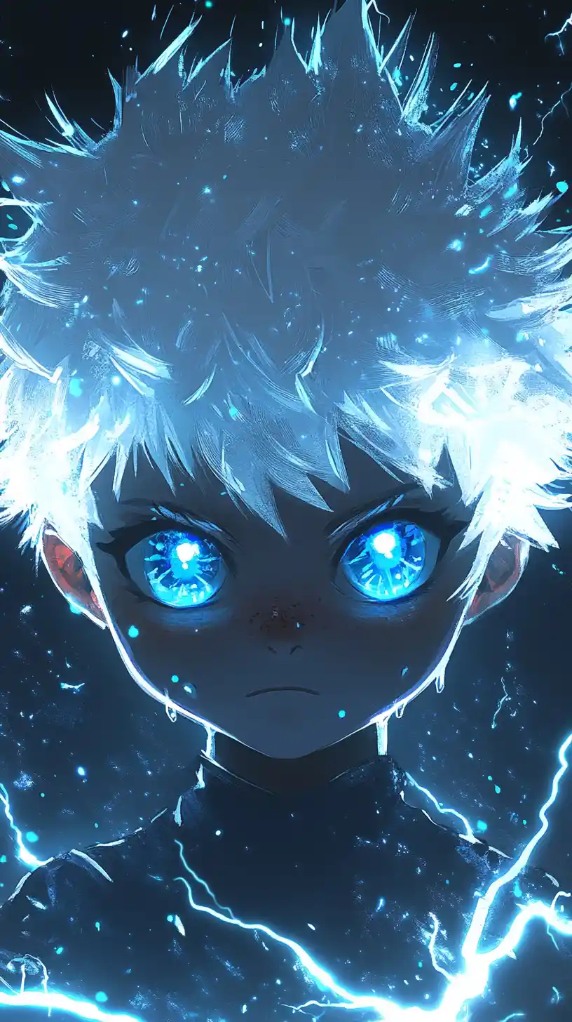 Chibi anime boy with glowing blue lightning eyes portrait