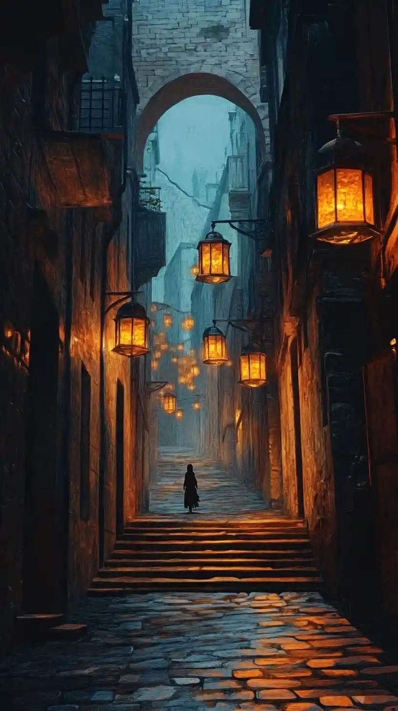 Lonely girl in a lantern lit alley at dusk