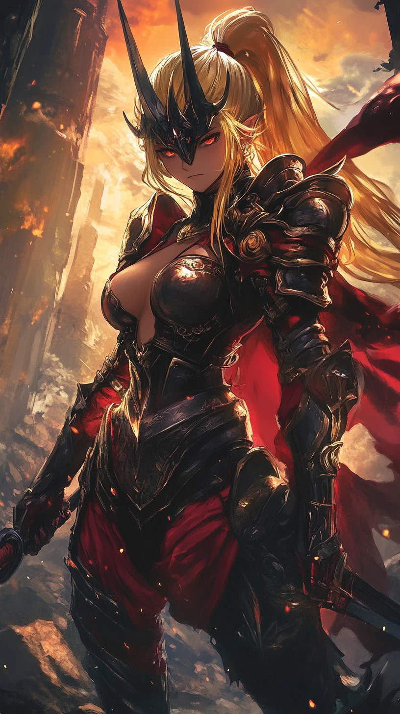 Kampfgezeichnete Anime-Kriegerin in roter Fantasy-Rüstung