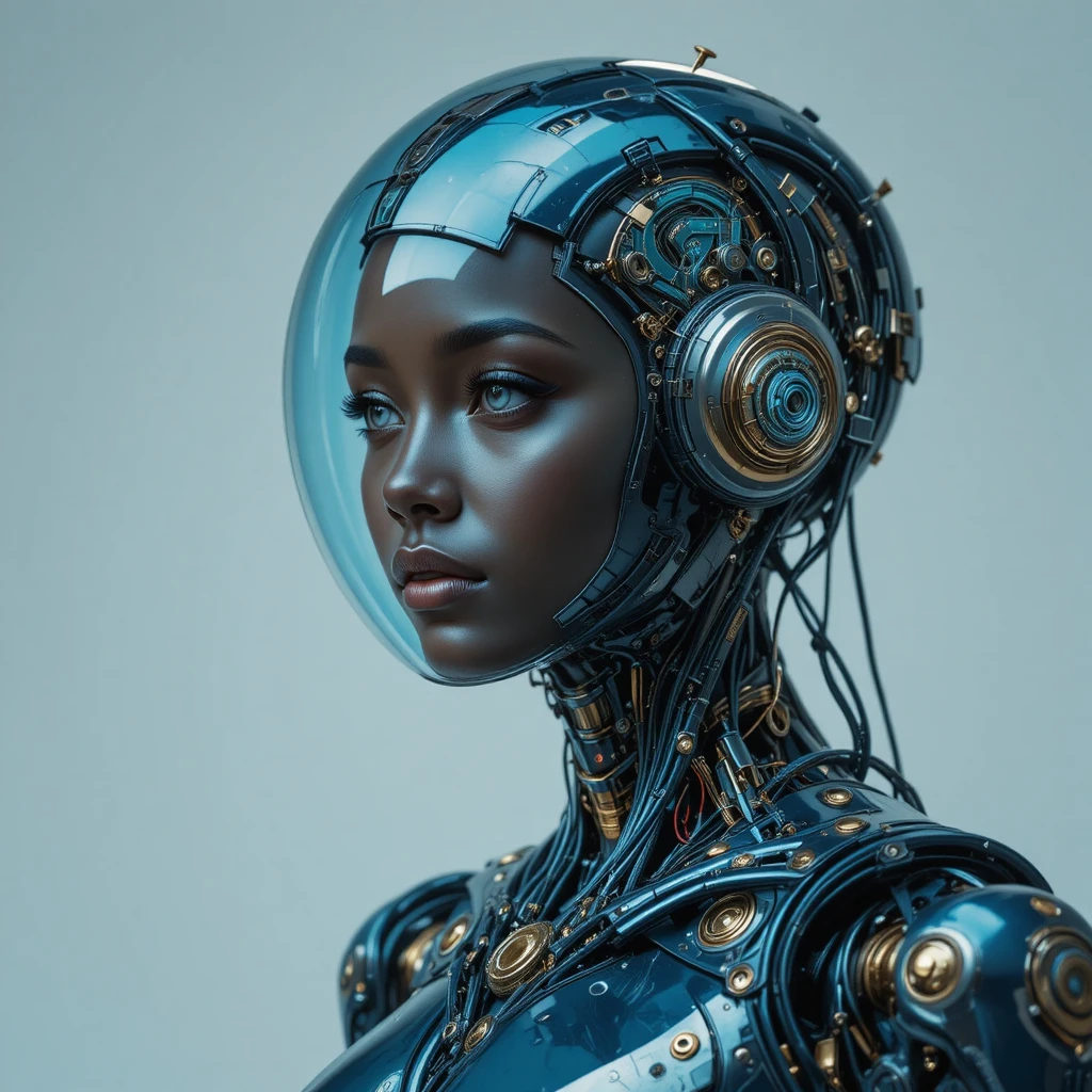 Futuristic female android portrait in a transparent blue helmet