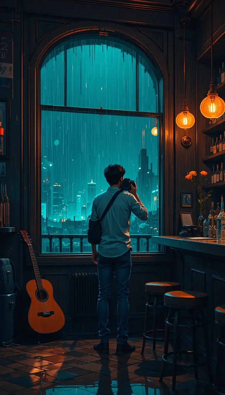 Anime photographer at rainy window in a dim jazz bar