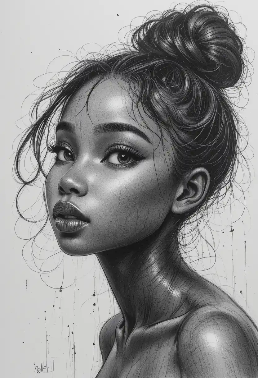 Portrait au graphite d’une jeune fille noire regardant rêveusement vers le ciel