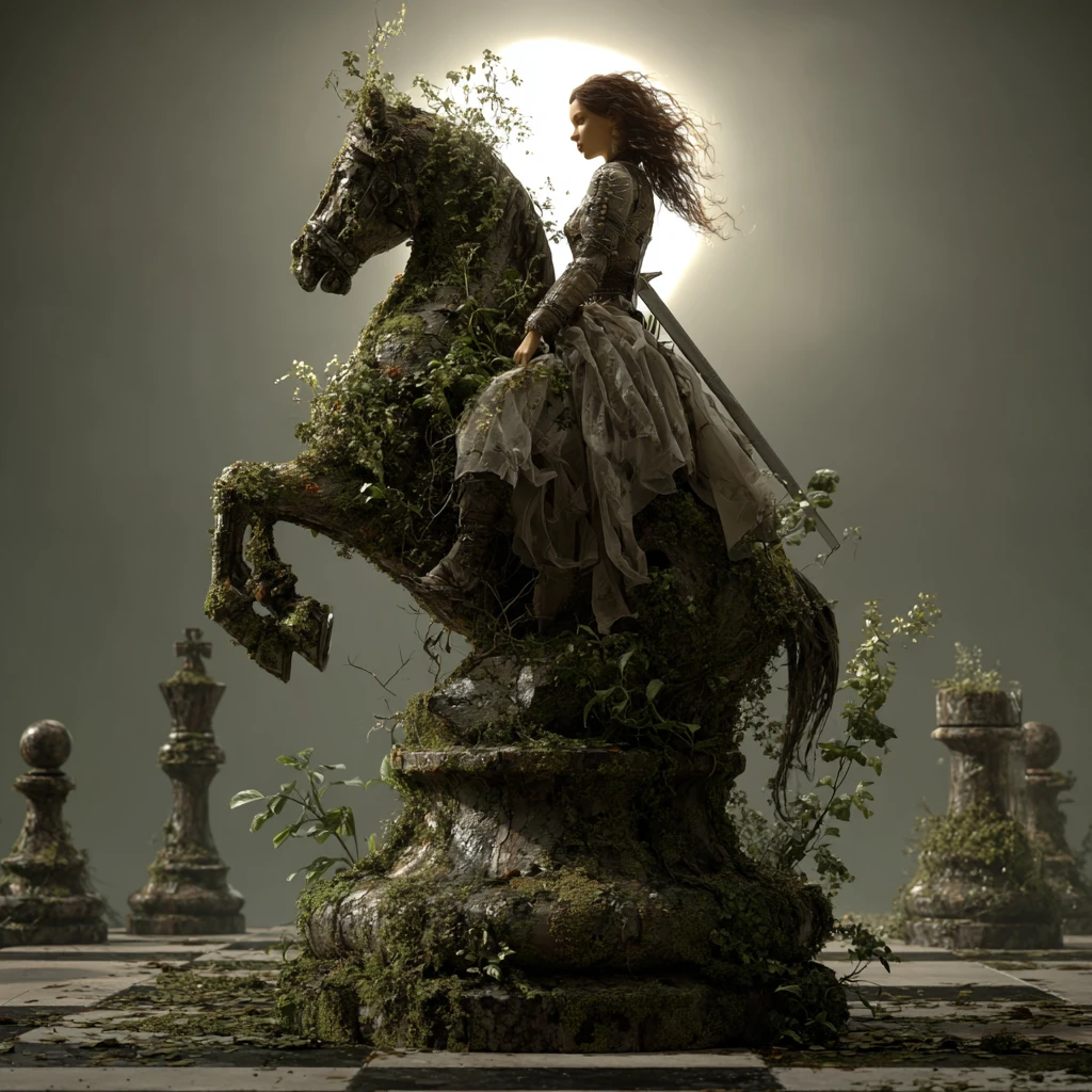 Warrior woman atop mossy stone horse tower at sunset