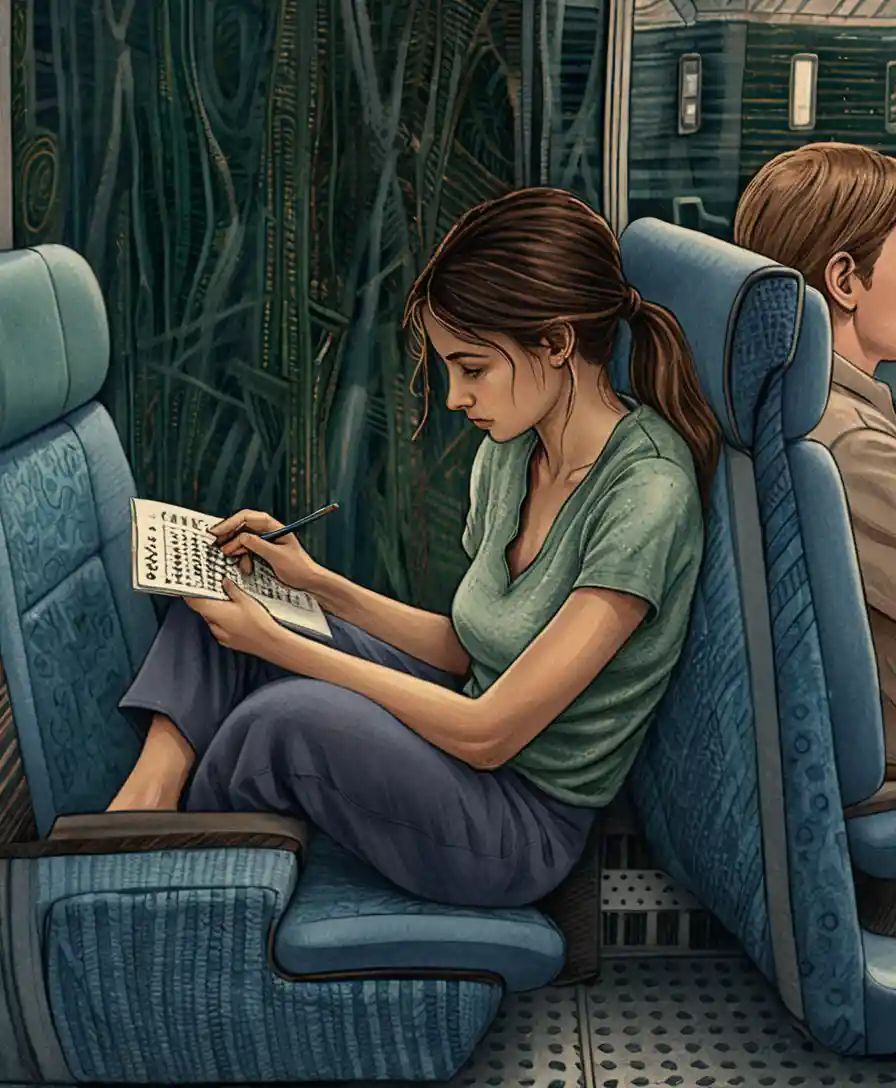 Woman solving sudoku on a quiet night train seat
