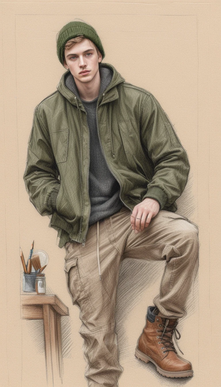 Young man in casual streetwear pencil sketch portrait