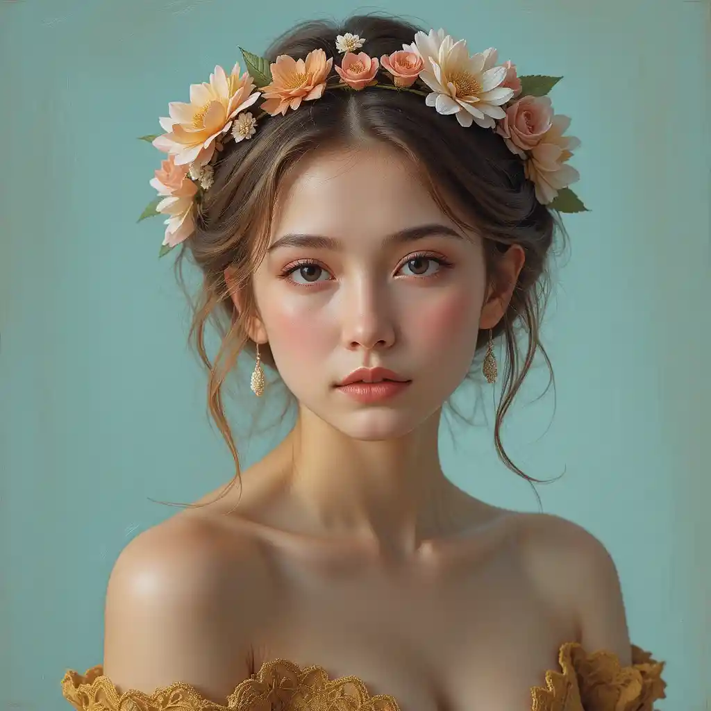 Ritratto di giovane donna con corona di fiori e morbido sfondo teal