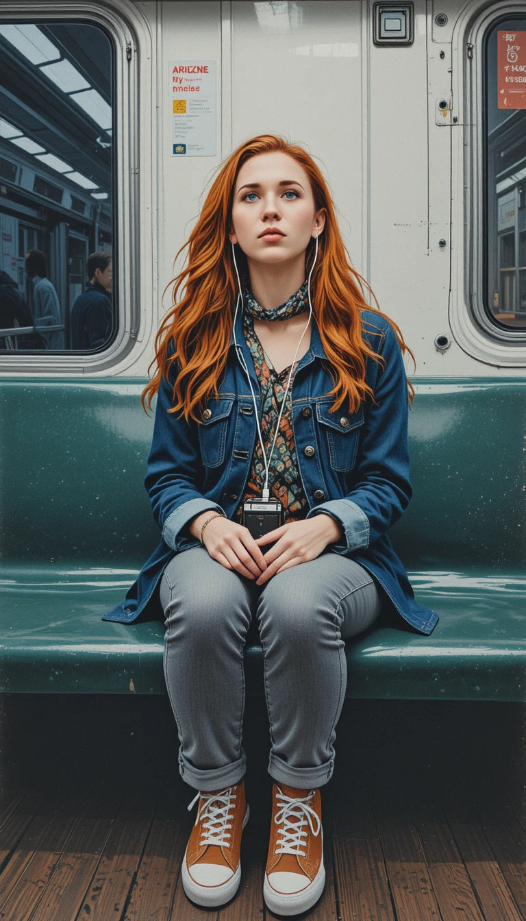 Giovane donna con capelli color rame nella metropolitana di New York