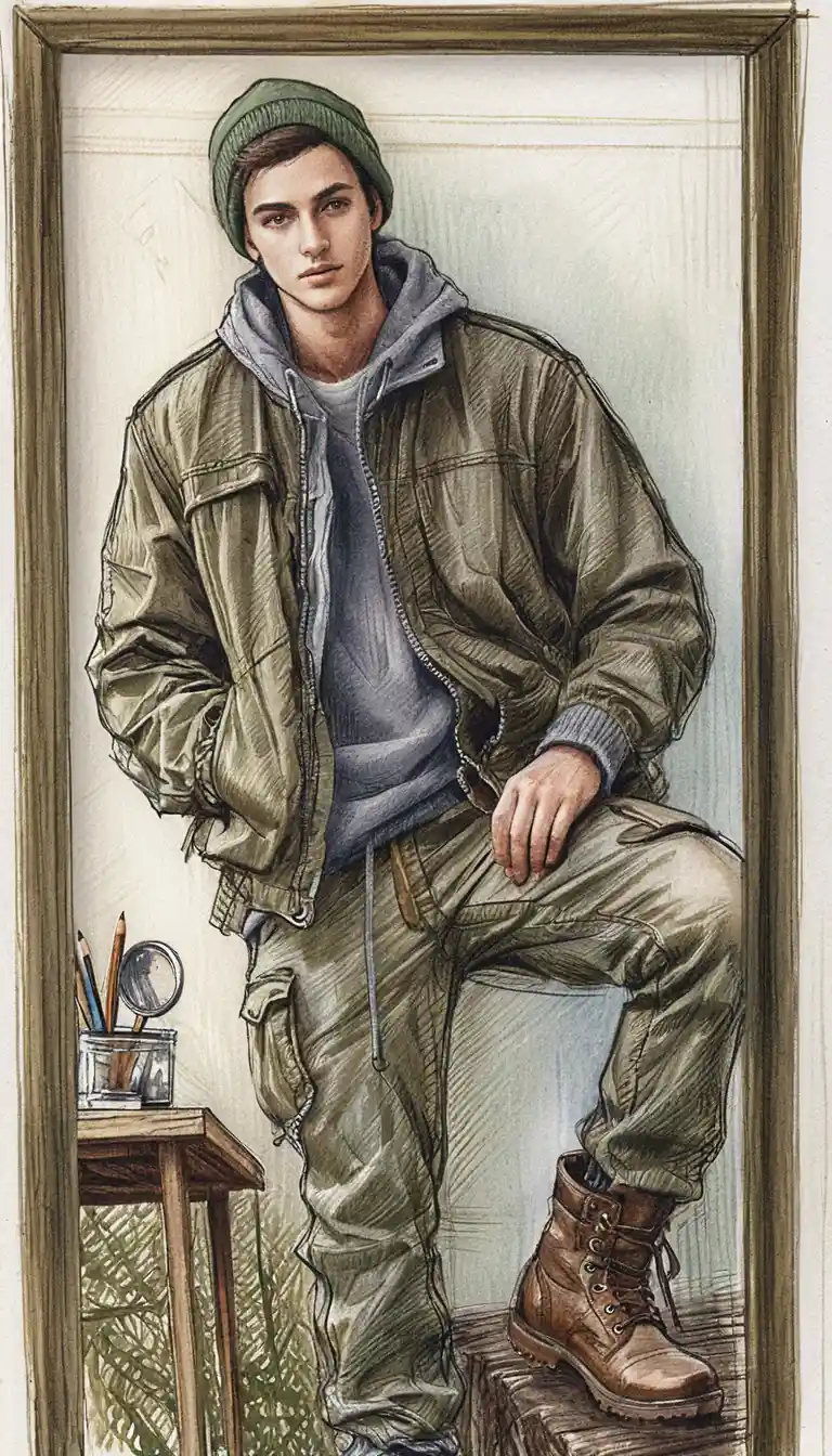 Ritratto a matita di giovane uomo in streetwear casual