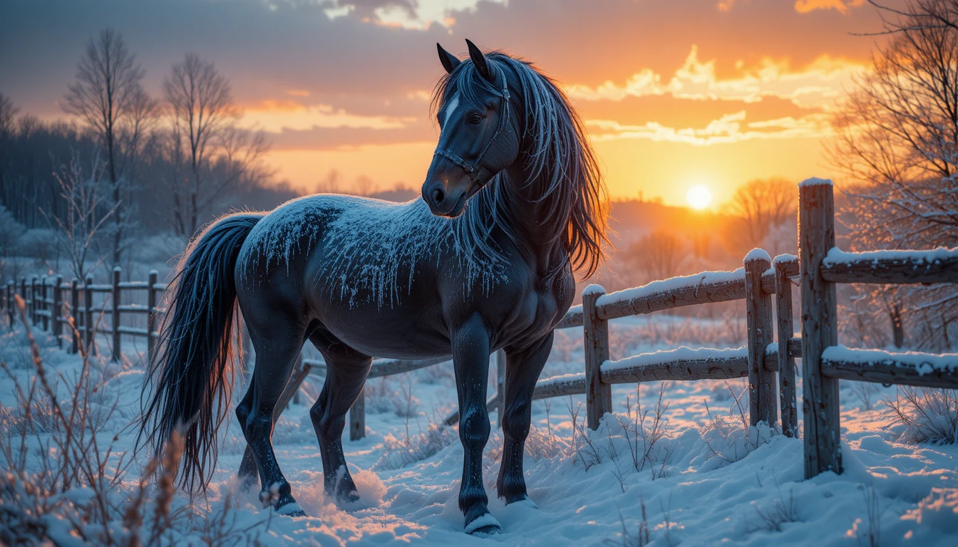 Schwarzer Hengst in ruhiger verschneiter Wintersonnenuntergangsszene