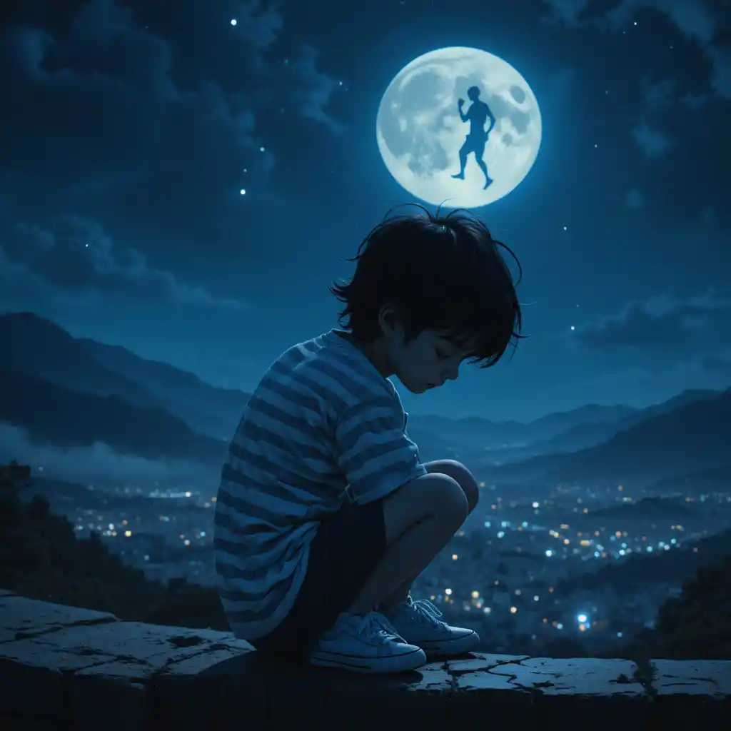 Giovane ragazzo sul cornicione di un tetto sotto il cielo notturno