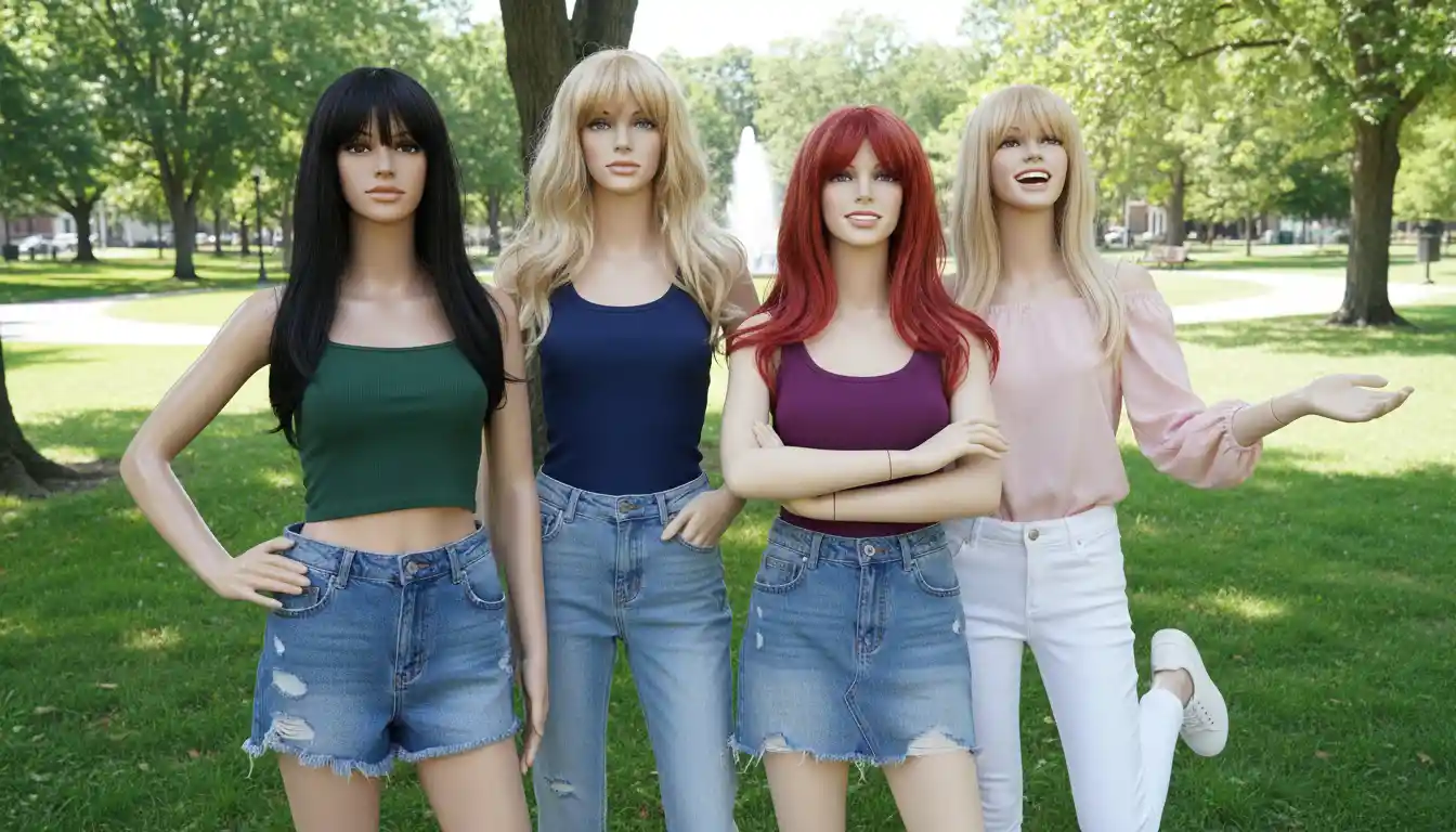 Quattro manichini femminili alla moda che posano insieme in un parco