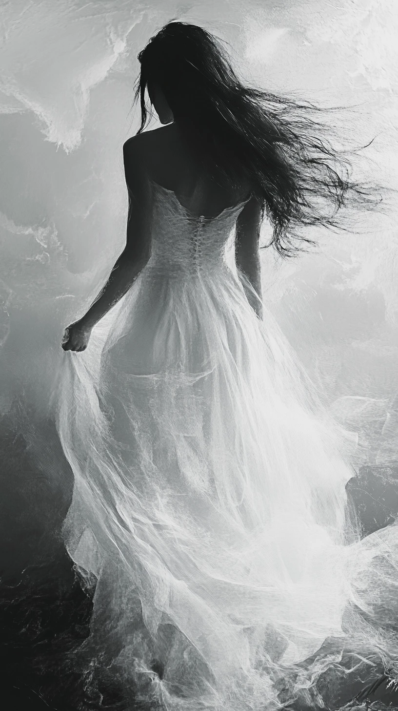 Ethereal woman in flowing white gown in misty monochrome landscape