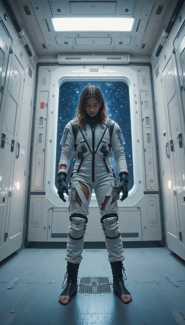 Young space pilot checking wounds in locker room