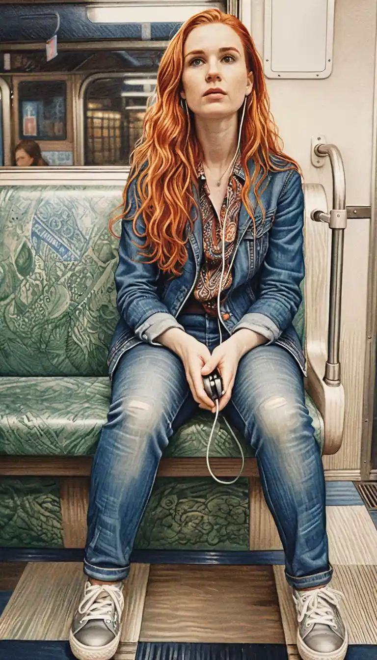 Donna dai capelli rossi seduta da sola nella metro di New York