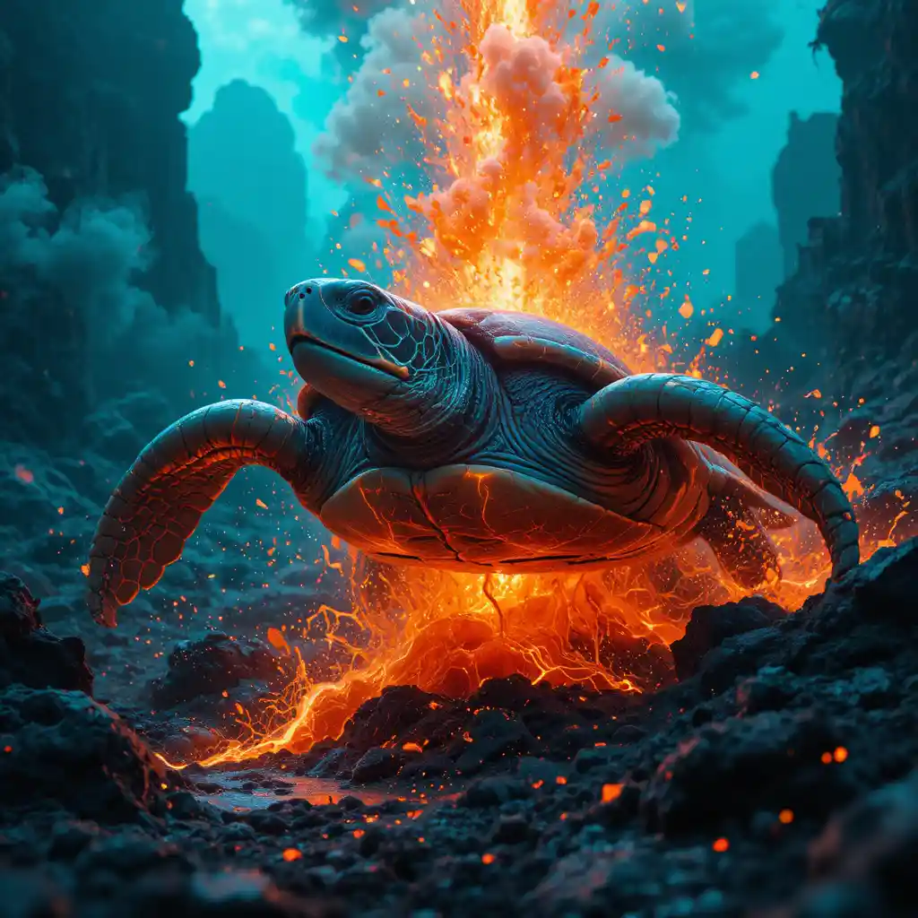 Colossal sea turtle amid erupting lava in fiery motion
