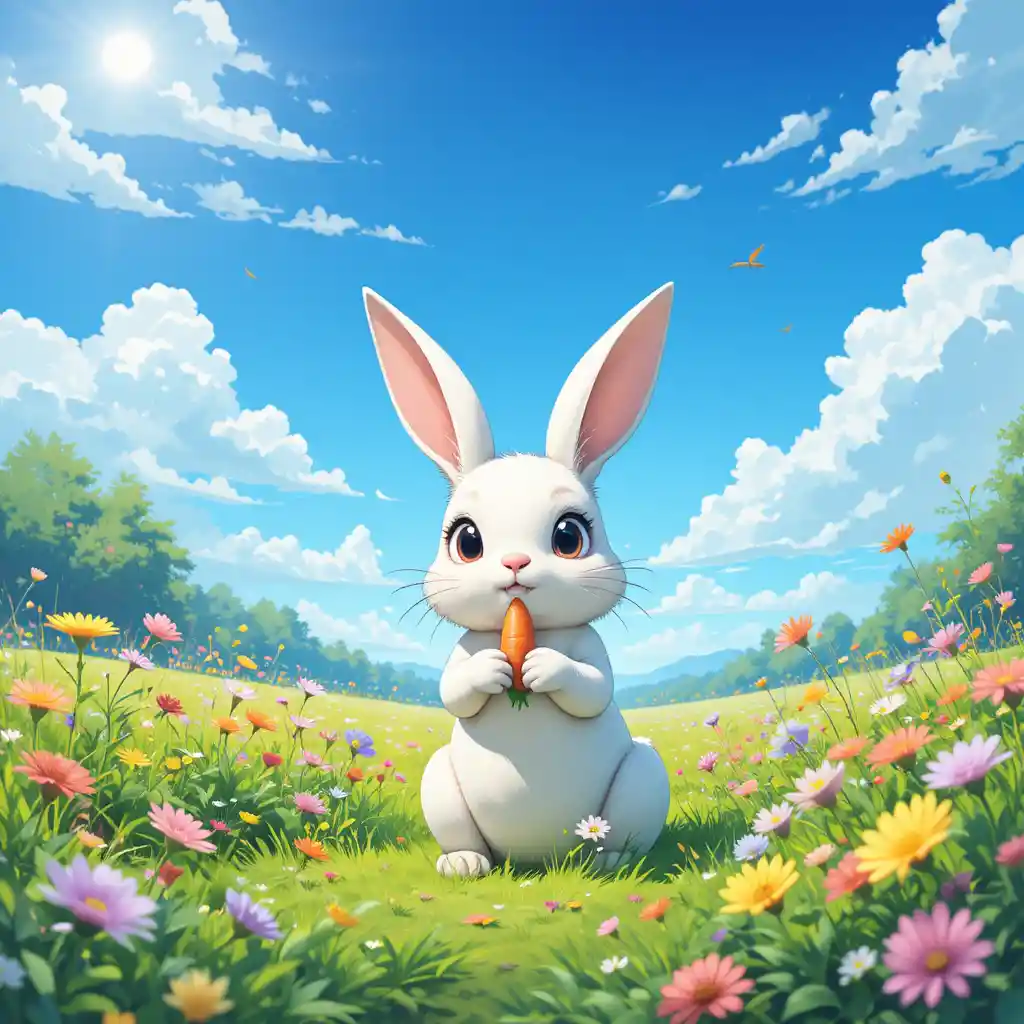 Cute anime rabbit holding a carrot in sunny meadow