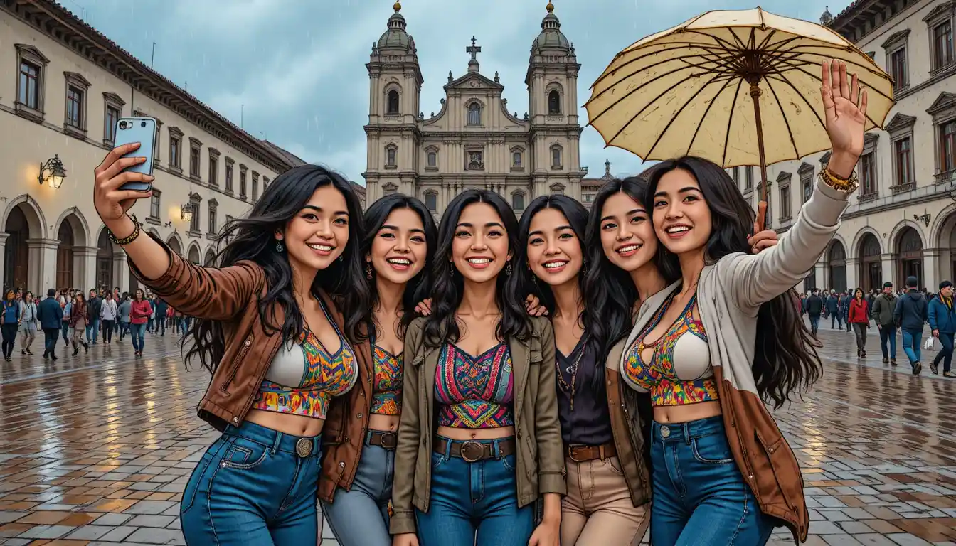 Andean women taking a rainy day selfie in Quito square