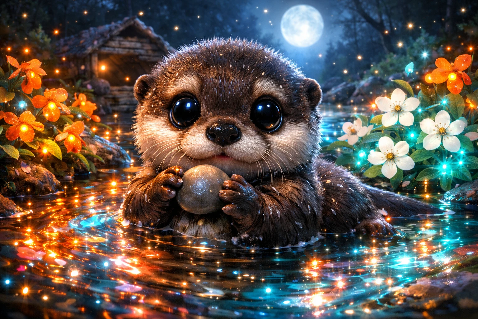 Cucciolo di lontra di fiume che nuota in un ruscello bioluminescente luminoso