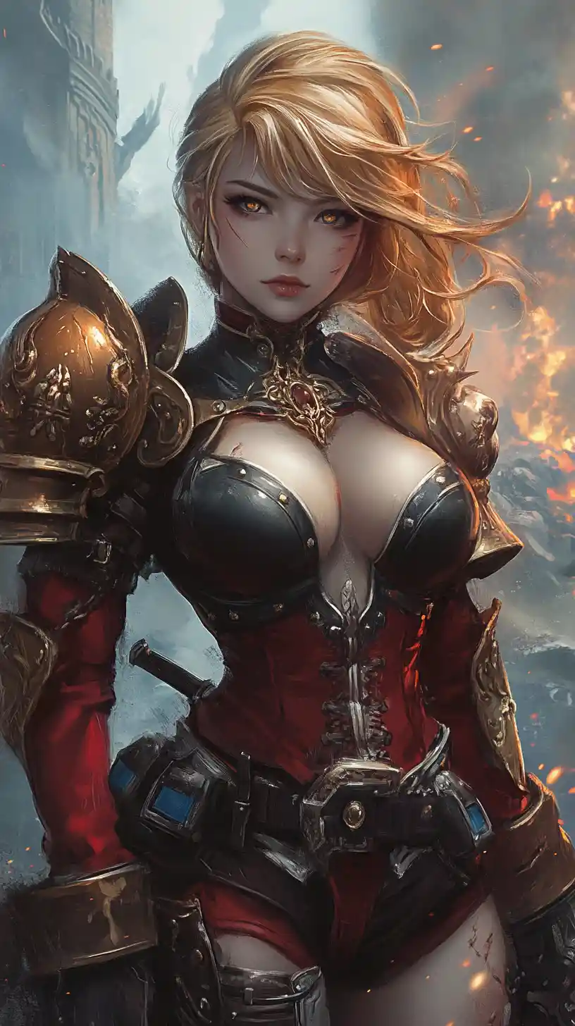 Close up of tattooed anime warrior woman in red armor