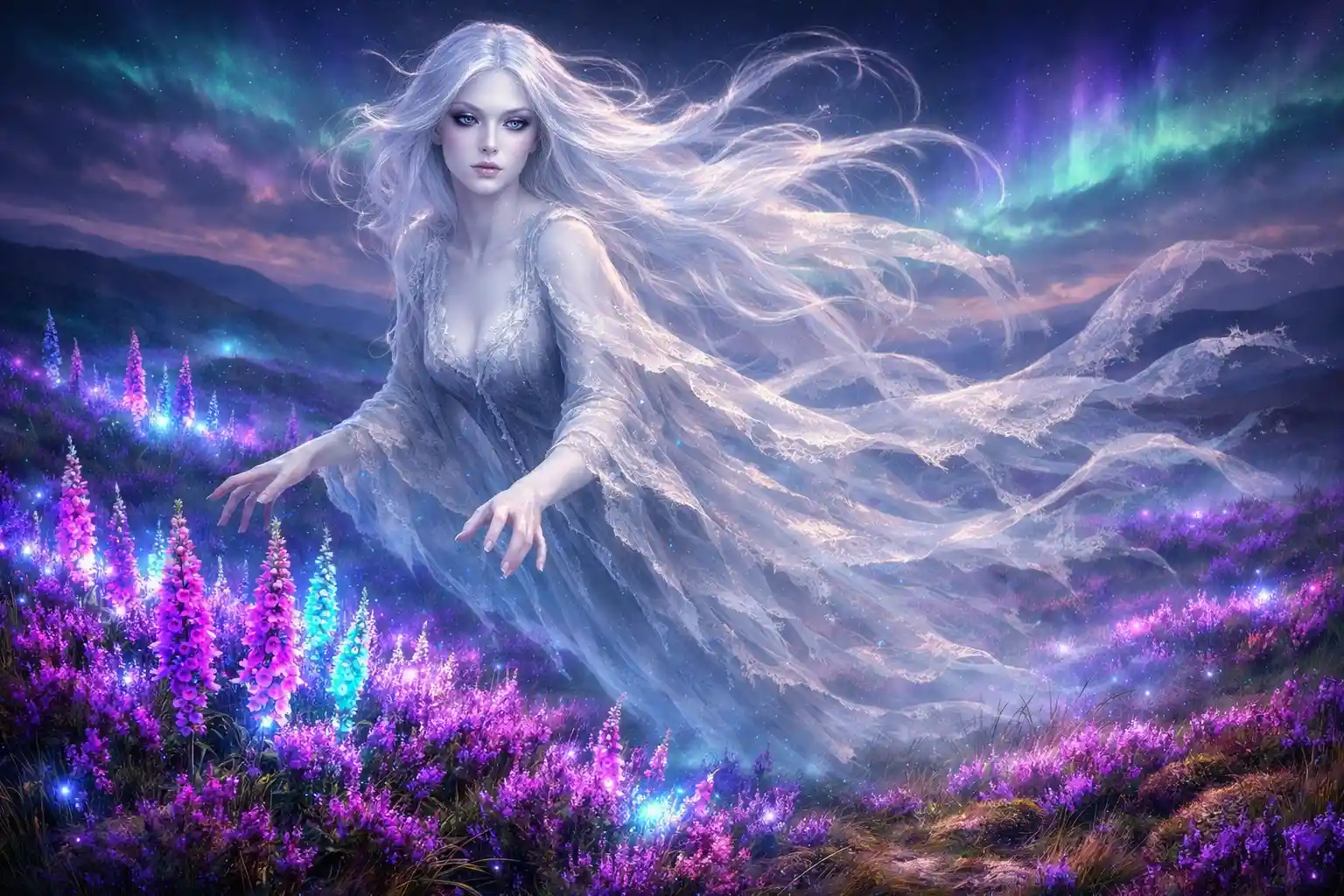 Banshee eterea sopra la brughiera irlandese luminosa al crepuscolo