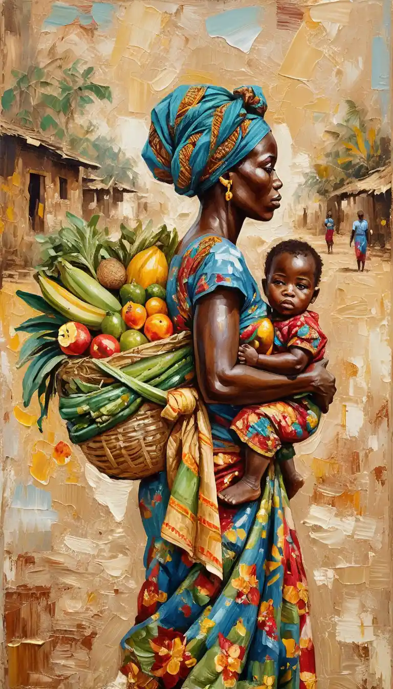 African mother in blue dress carrying fruit and child