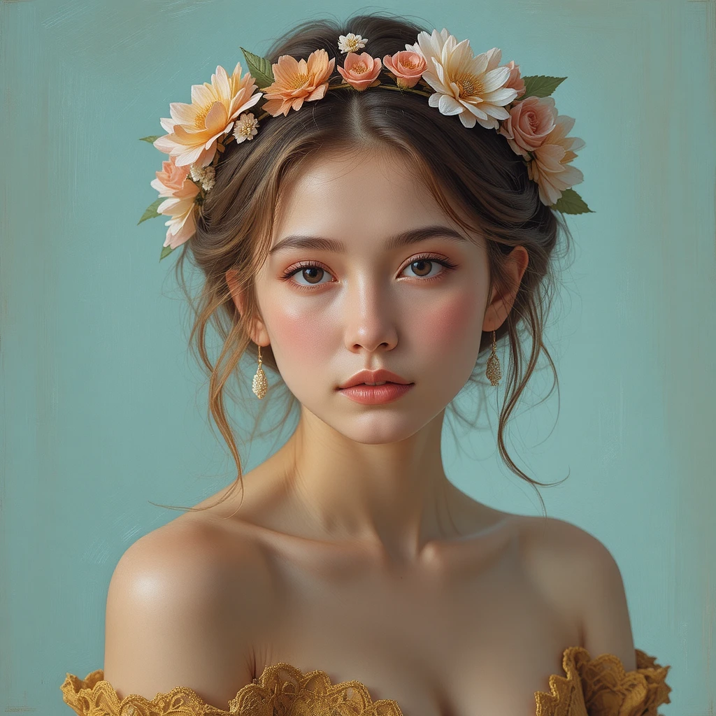 Ritratto di giovane donna con corona di fiori e morbido sfondo teal
