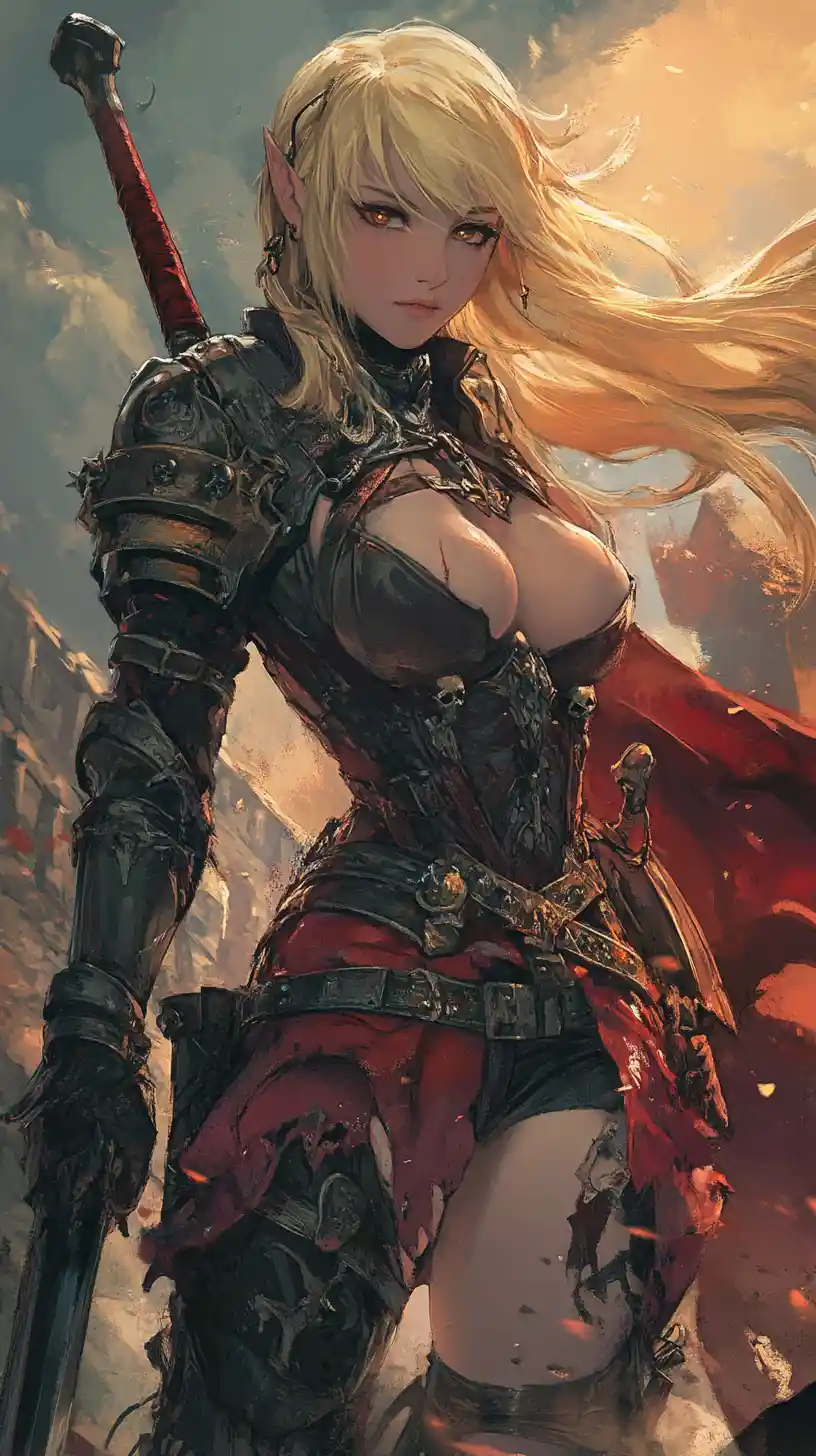 Close up of tattooed anime warrior woman in red armor