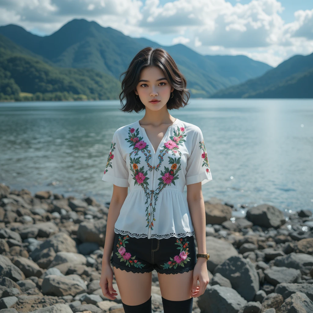 Young woman on rocky lakeshore with distant green mountains