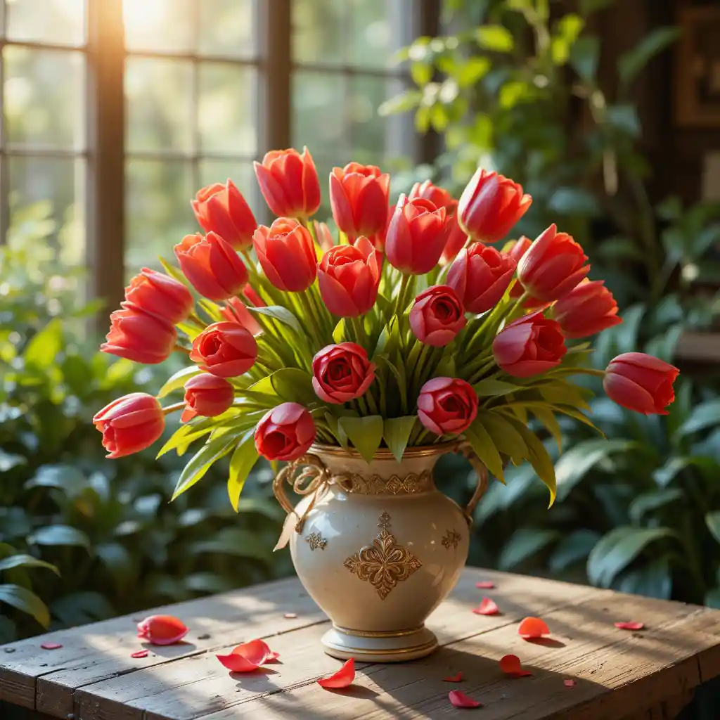 Red tulip bouquet in an antique vase on wooden table