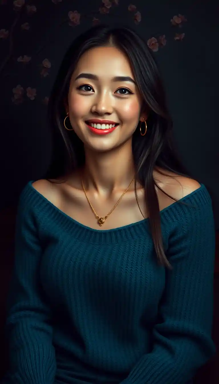 Smiling woman in teal sweater against dark floral background