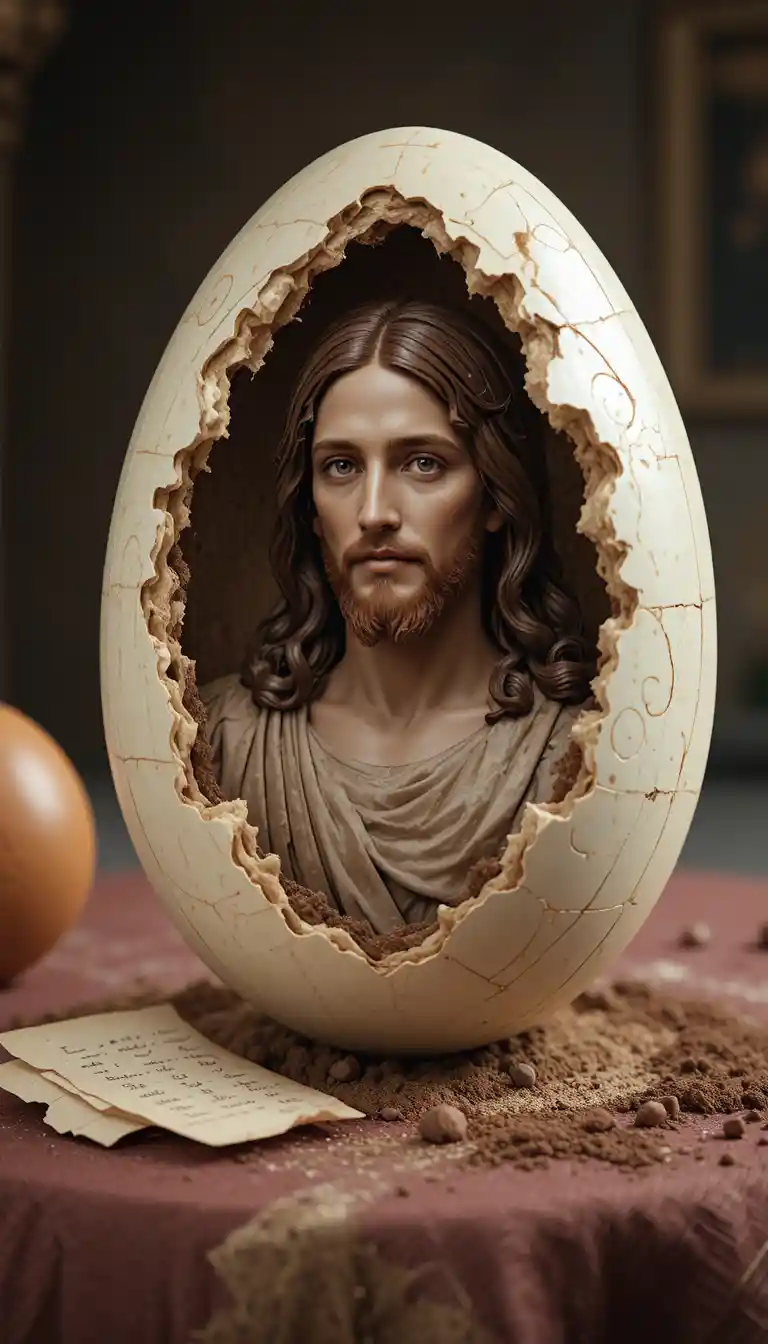 Primo piano di un uovo di Pasqua aperto con immagine di Gesù all'interno
