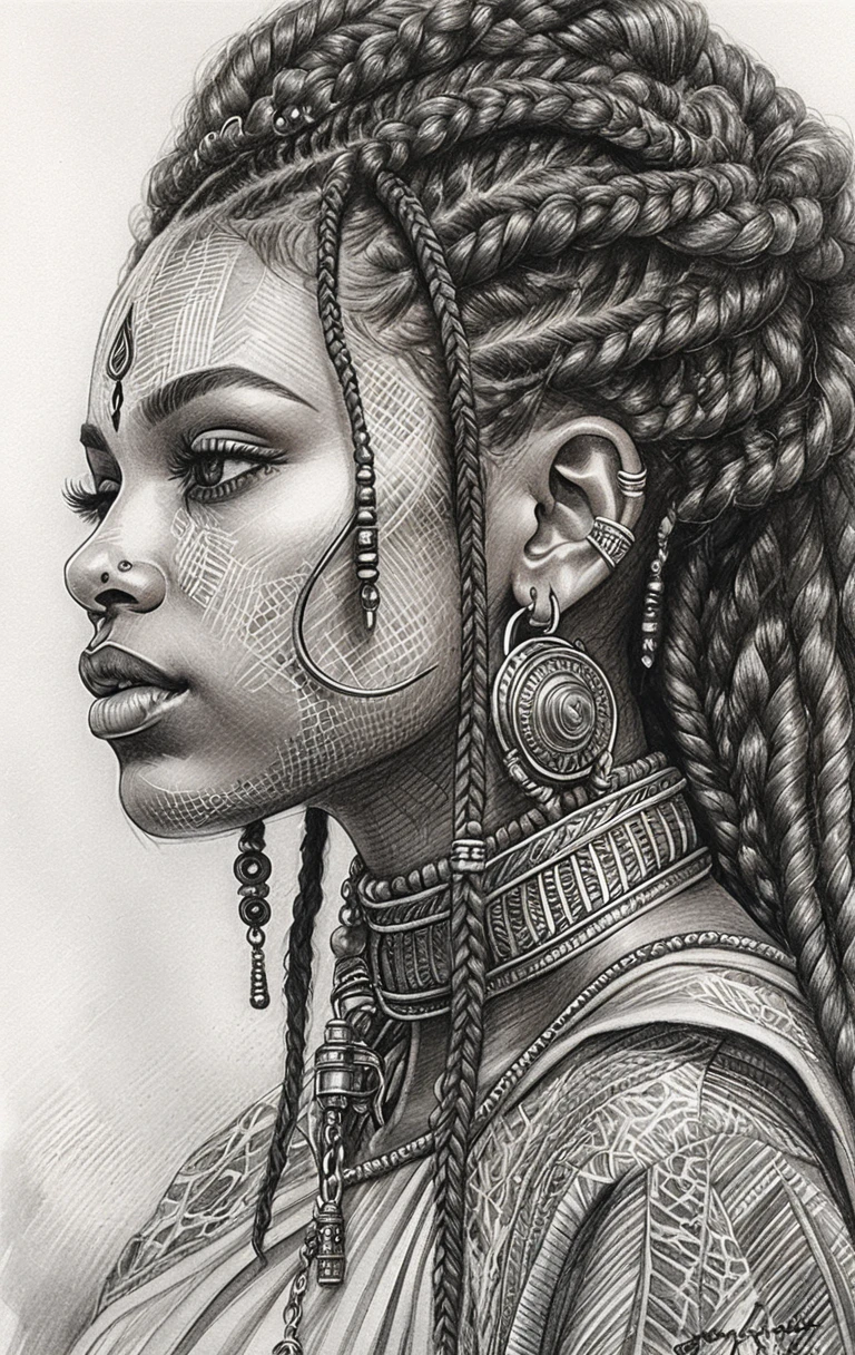Graphite profile portrait of a young Black warrior woman