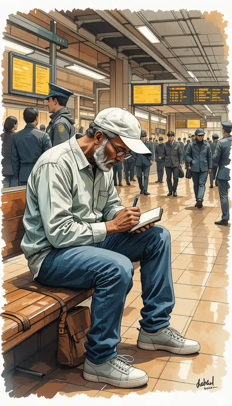 Man writing in notebook on bench in busy station