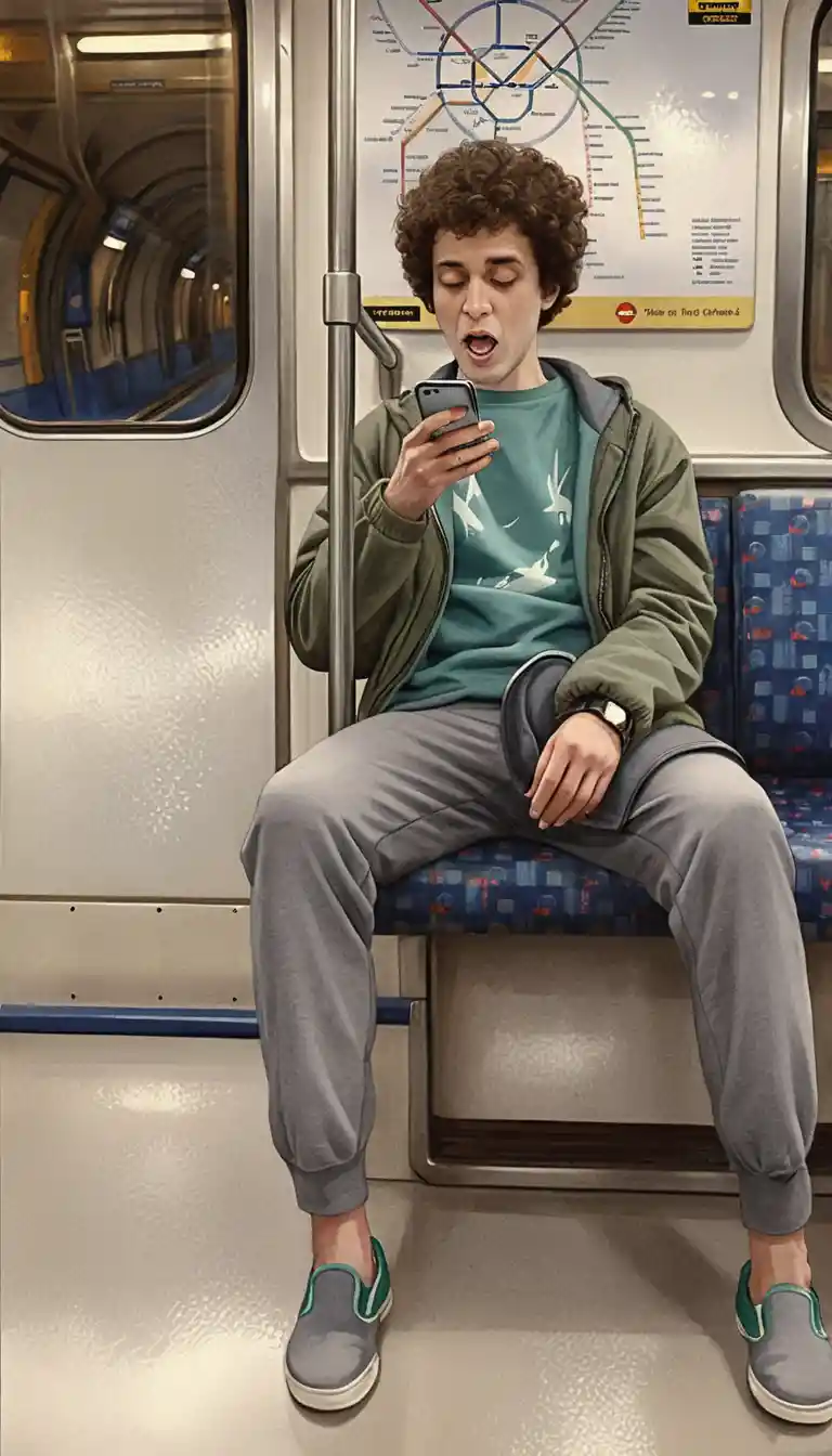Giovane uomo nella metropolitana di Londra che guarda lo smartphone