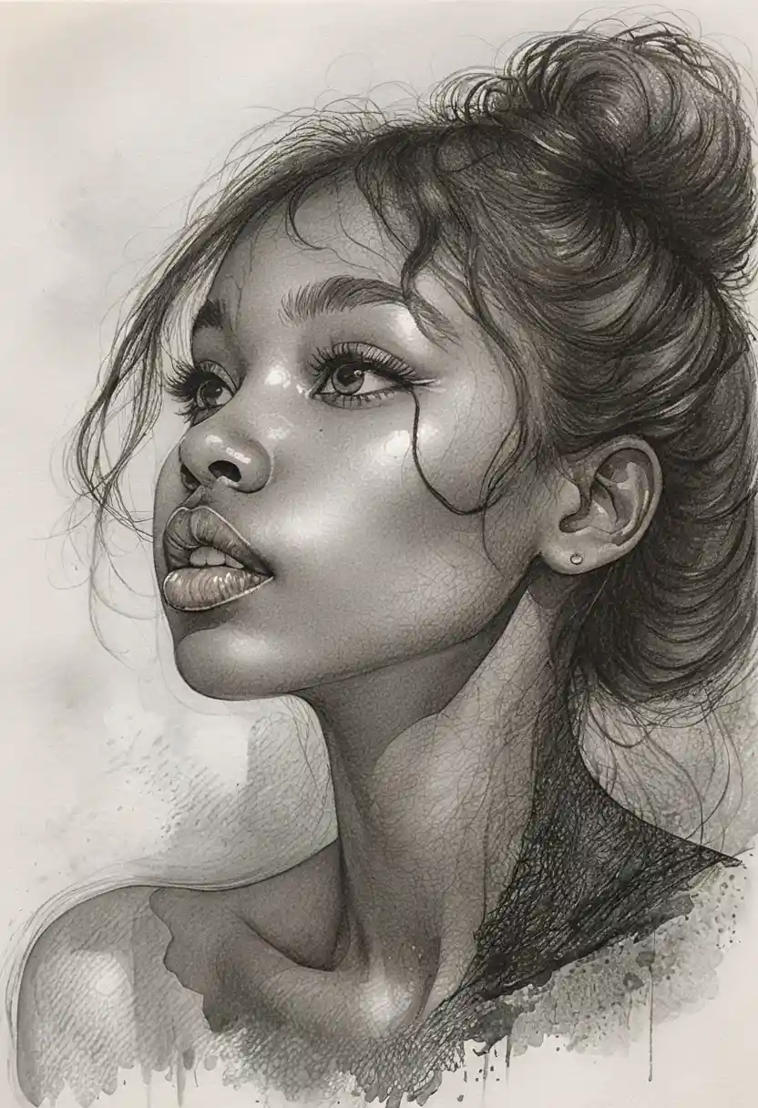 Graphite portrait of a young black woman looking upward