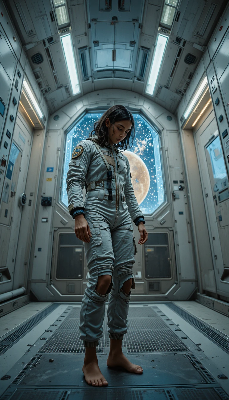 Young space pilot checking torn suit in locker room