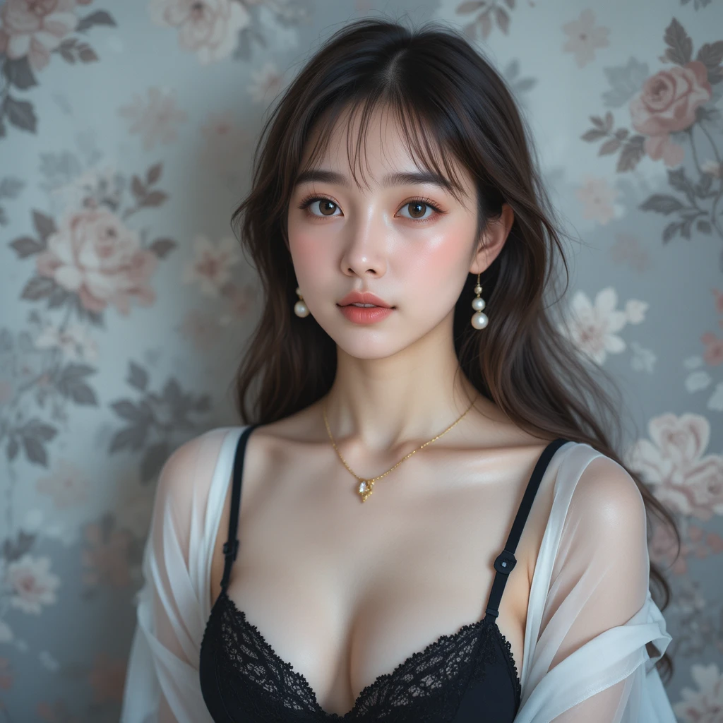 Young woman in lace bra and sheer blouse portrait