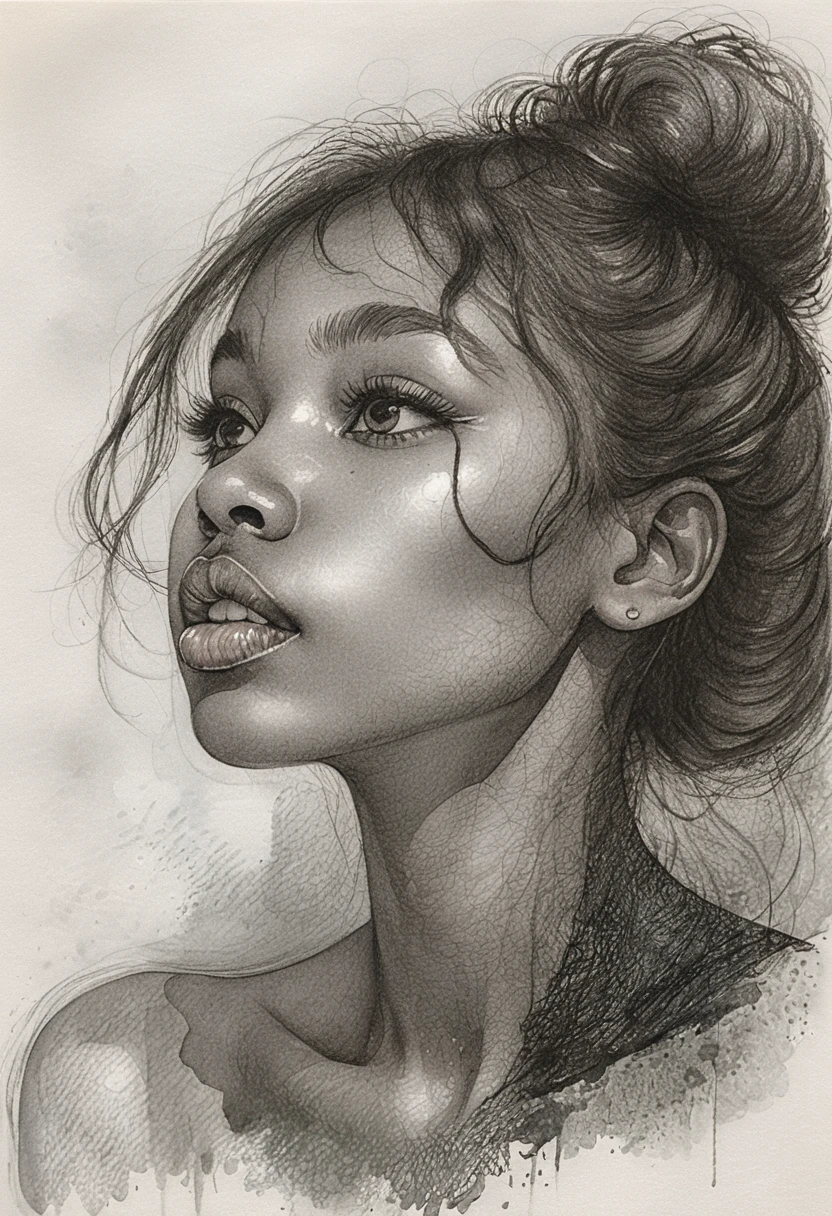 Graphite portrait of a young black woman looking upward