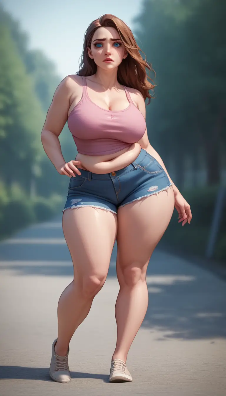 Mujer caricaturesca de cuerpo completo posando en un sótano tenue