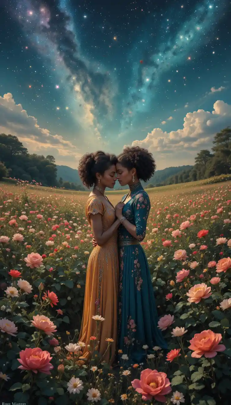 Multicultural woman in a wildflower field under stars