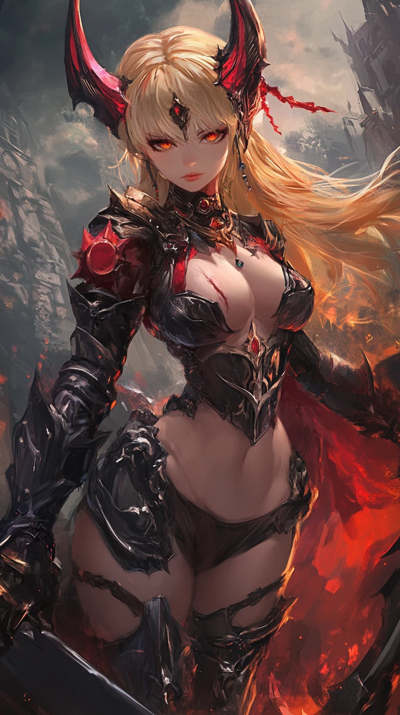 滿身傷疤與刺青的紅色奇幻鎧甲女戰士