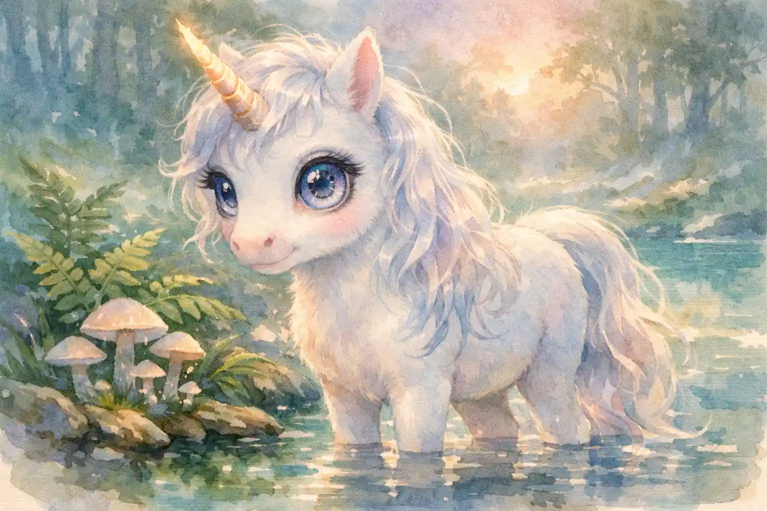Baby unicorn by a forest spring at gentle dawn light